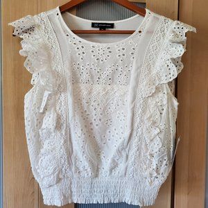 INC White Eyelet Top with Ruffles and Elastic Waist